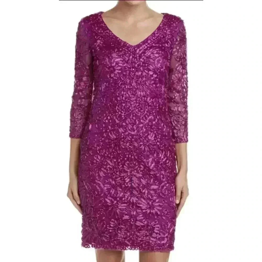 NWT Sue Wong Magneta Beaded Embroidered 3/4 Length Sleeve V-Neck Sheath Dress 4 - Picture 1 of 12